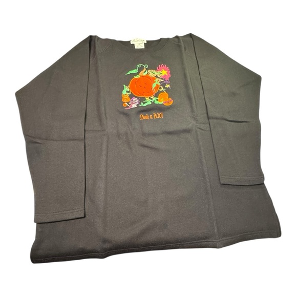 Quacker Factory Black Halloween Corduroy Pumpkin Peek A Boo Sweatshirt Plus 1X - Picture 1 of 5